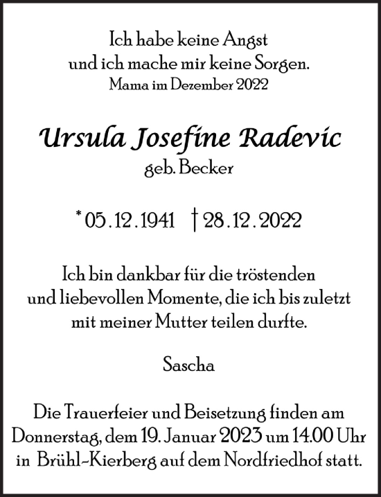 Anzeige von Ursula Josefine Radevic von  Schlossbote/Werbekurier 