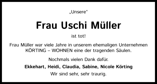 Anzeige von Uschi Müller von Kölner Stadt-Anzeiger / Kölnische Rundschau / Express