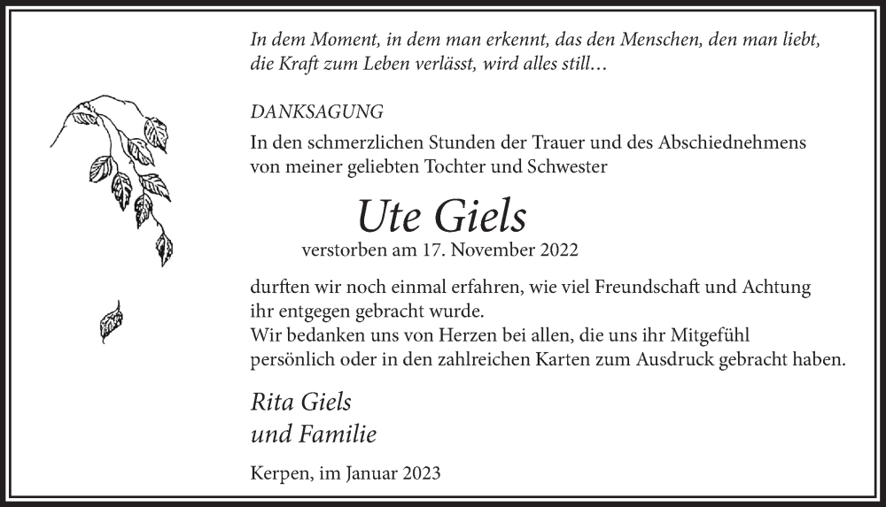 Traueranzeige für Ute Giels vom 13.01.2023 aus  Werbepost 