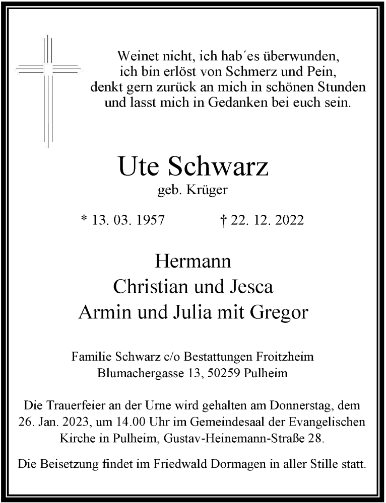  Traueranzeige für Ute Schwarz vom 13.01.2023 aus  EXPRESS - Die Woche 