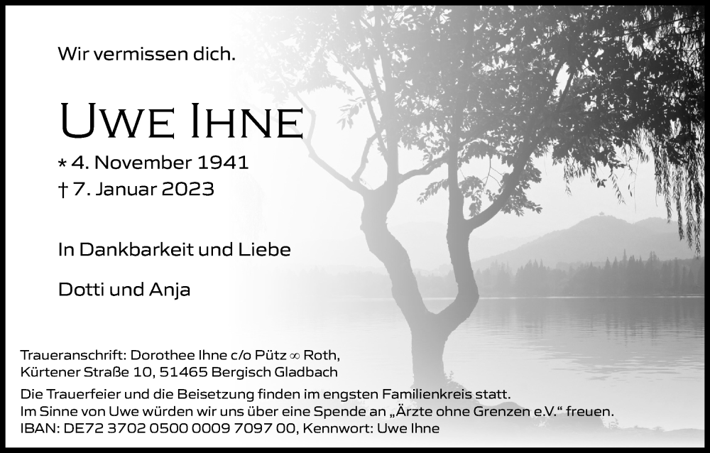  Traueranzeige für Uwe Ihne vom 14.01.2023 aus Kölner Stadt-Anzeiger / Kölnische Rundschau / Express