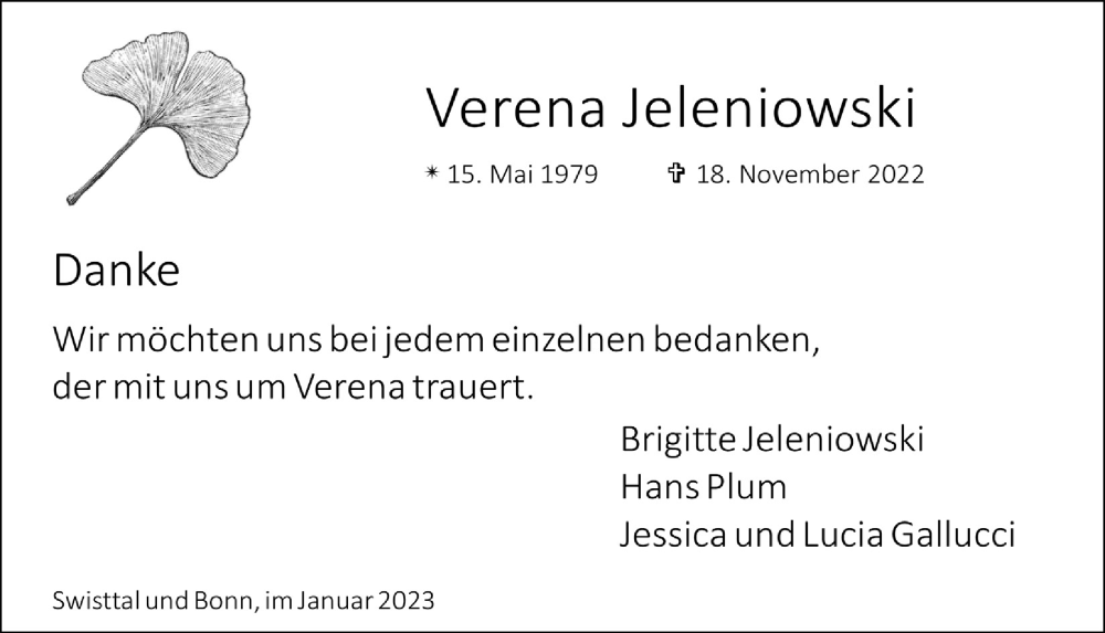  Traueranzeige für Verena Jeleniowski vom 13.01.2023 aus  Schaufenster/Blickpunkt 
