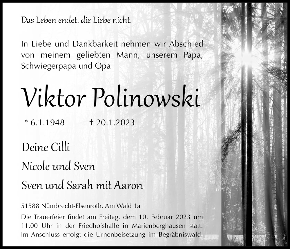  Traueranzeige für Viktor  Polinowski vom 27.01.2023 aus  Lokalanzeiger 
