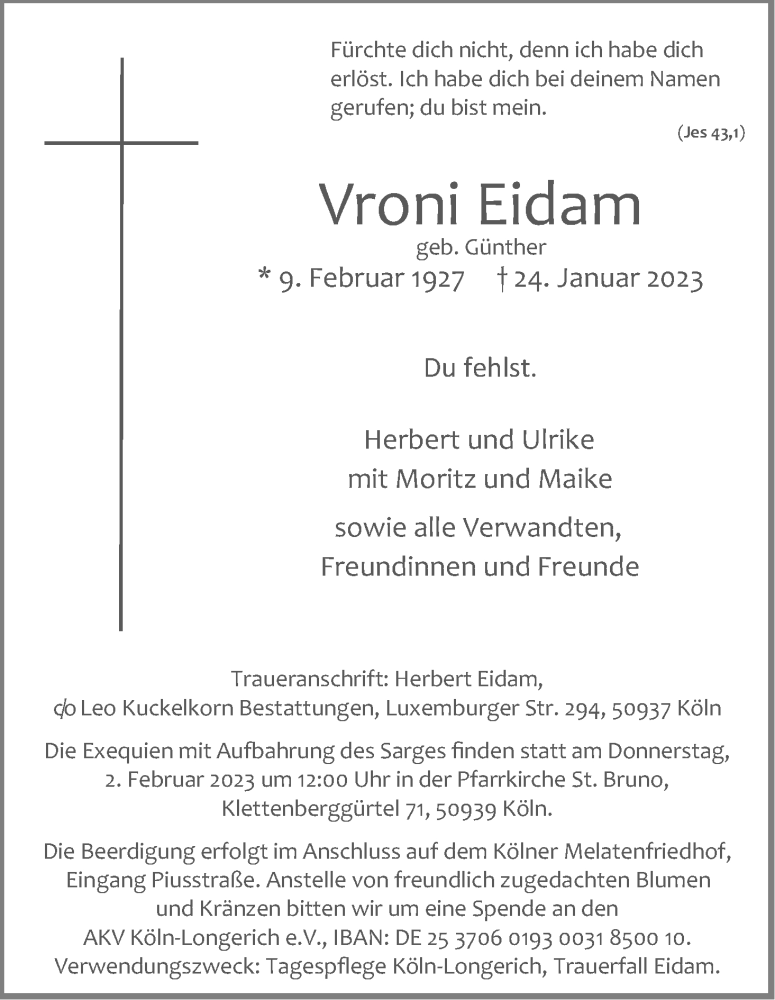  Traueranzeige für Vroni Eidam vom 28.01.2023 aus Kölner Stadt-Anzeiger / Kölnische Rundschau / Express