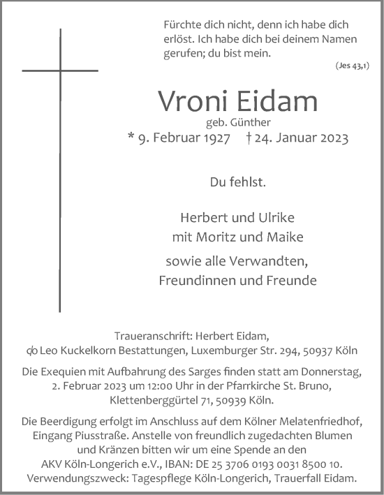 Anzeige von Vroni Eidam von Kölner Stadt-Anzeiger / Kölnische Rundschau / Express