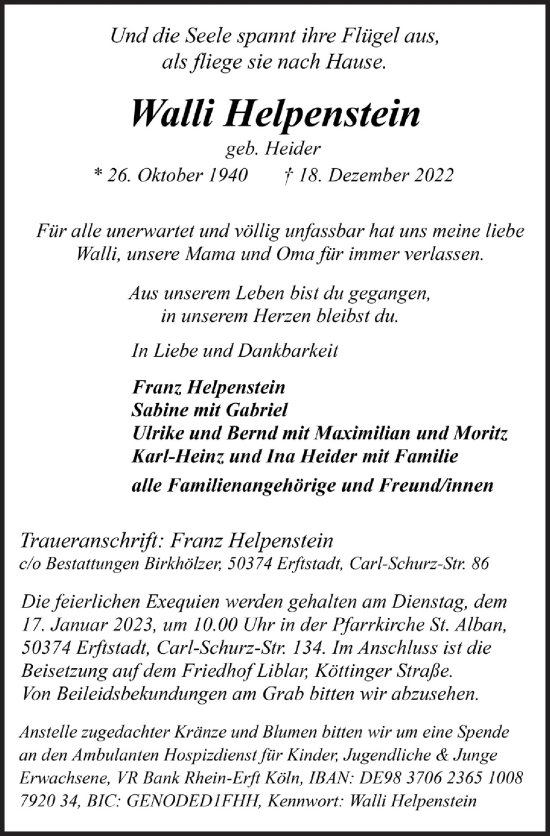 Anzeige von Walli Helpenstein von  Werbepost 