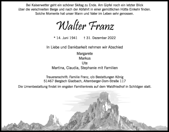 Anzeige von Walter Franz von Kölner Stadt-Anzeiger / Kölnische Rundschau / Express