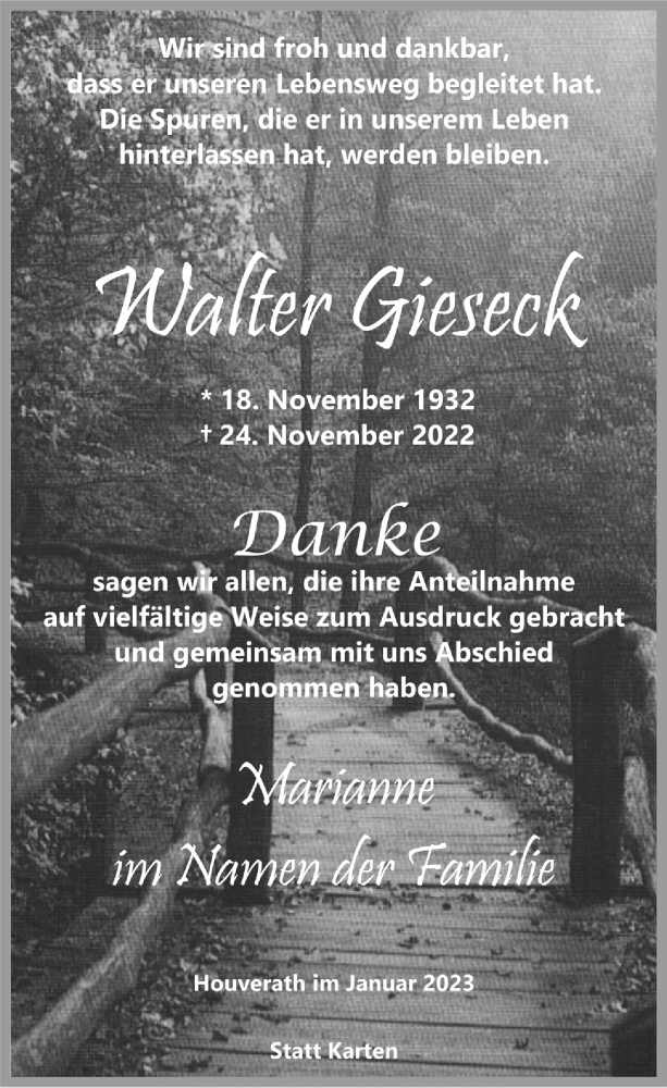  Traueranzeige für Walter Gieseck vom 14.01.2023 aus  Blickpunkt Euskirchen 