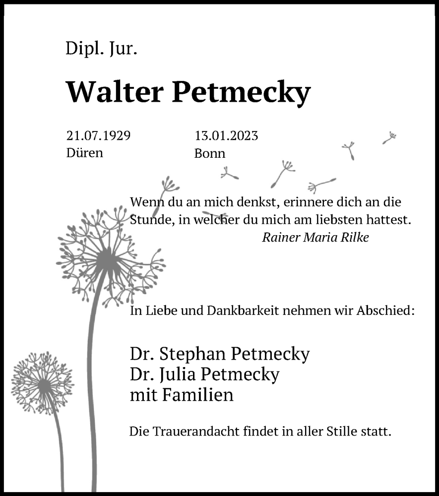  Traueranzeige für Walter Petmecky vom 21.01.2023 aus Kölner Stadt-Anzeiger / Kölnische Rundschau / Express