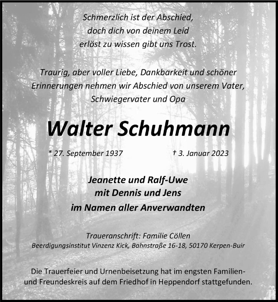  Traueranzeige für Walter Schuhmann vom 20.01.2023 aus  Werbepost 