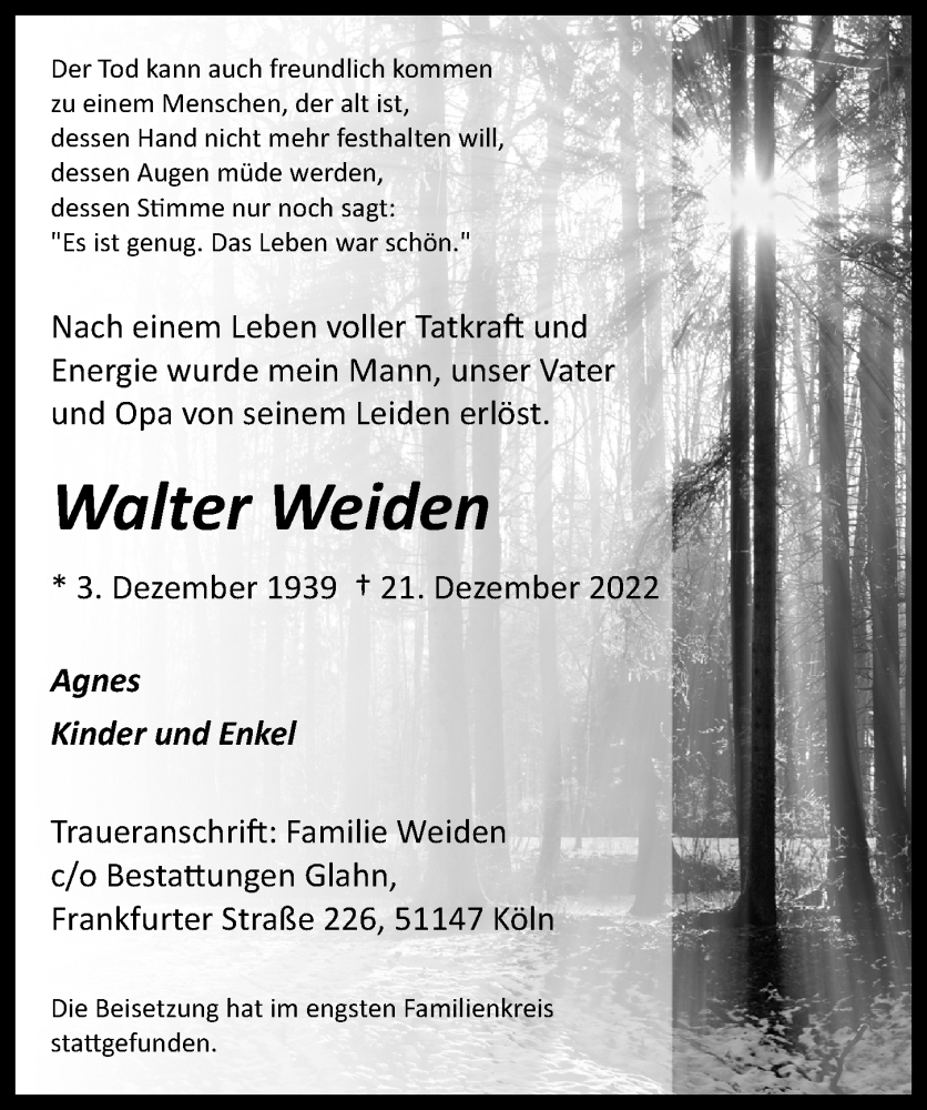  Traueranzeige für Walter Weiden vom 13.01.2023 aus  EXPRESS - Die Woche 