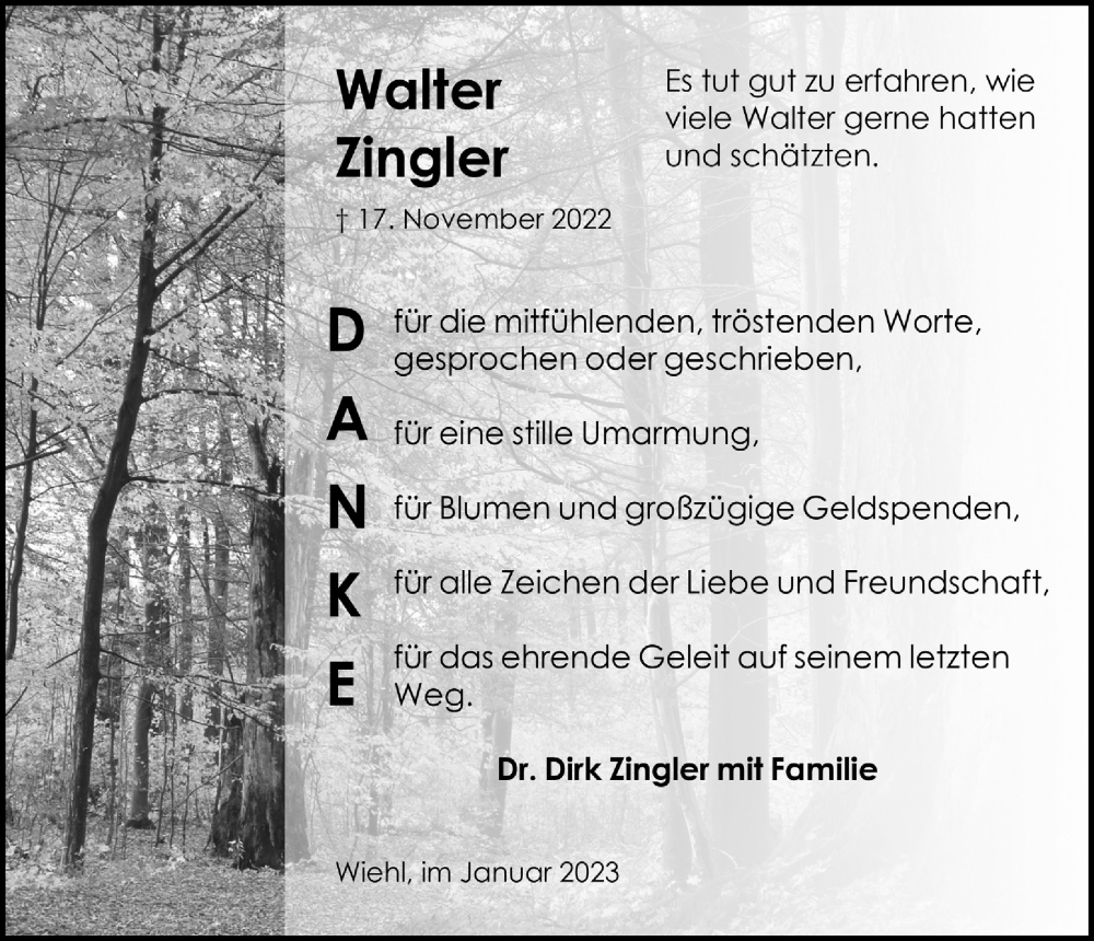  Traueranzeige für Walter Zingler vom 27.01.2023 aus  Anzeigen Echo 
