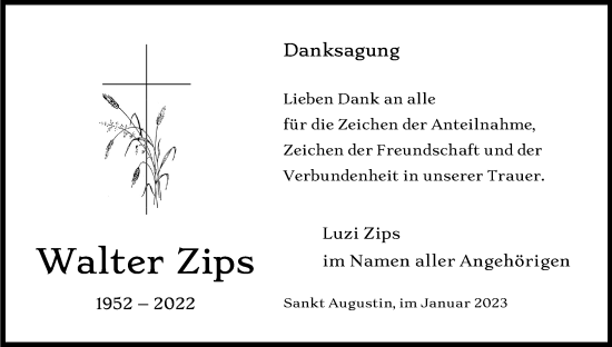 Anzeige von Walter Zips von Kölner Stadt-Anzeiger / Kölnische Rundschau / Express