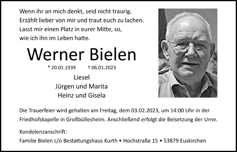  Traueranzeige für Werner Bielen vom 28.01.2023 aus  Blickpunkt Euskirchen 