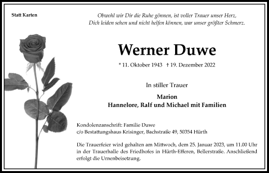 Anzeige von Werner Duwe von  Wochenende 