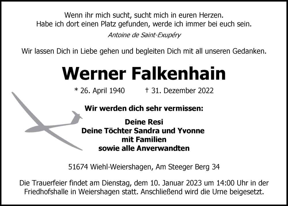  Traueranzeige für Werner Falkenhain vom 06.01.2023 aus  Anzeigen Echo 