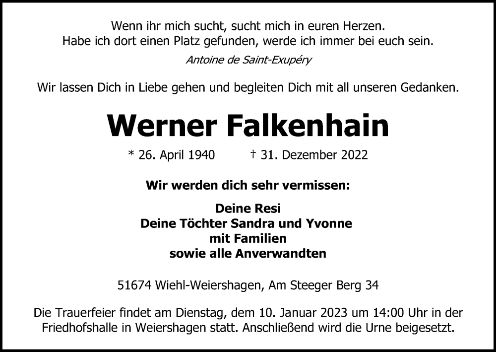  Traueranzeige für Werner Falkenhain vom 04.01.2023 aus Kölner Stadt-Anzeiger / Kölnische Rundschau / Express