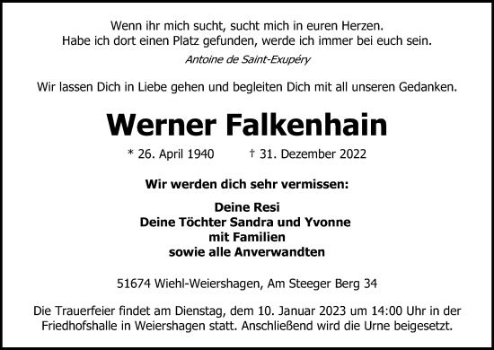 Anzeige von Werner Falkenhain von Kölner Stadt-Anzeiger / Kölnische Rundschau / Express
