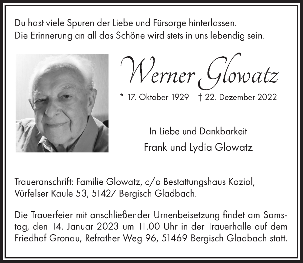  Traueranzeige für Werner Glowatz vom 06.01.2023 aus  Bergisches Handelsblatt 