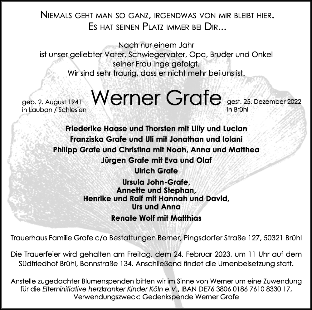  Traueranzeige für Werner Grafe vom 07.01.2023 aus Kölner Stadt-Anzeiger / Kölnische Rundschau / Express