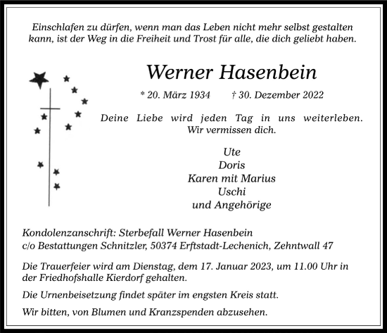 Anzeige von Werner Hasenbein von  Werbepost 