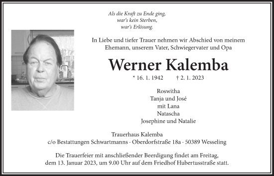 Anzeige von Werner Kalemba von  Schlossbote/Werbekurier 