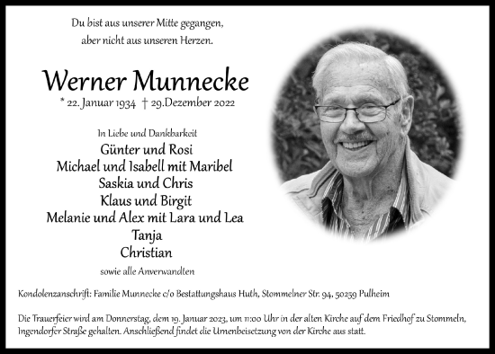 Anzeige von Werner Munnecke von  Wochenende 