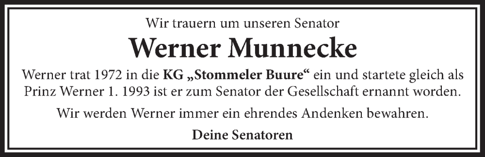  Traueranzeige für Werner Munnecke vom 13.01.2023 aus  Wochenende 