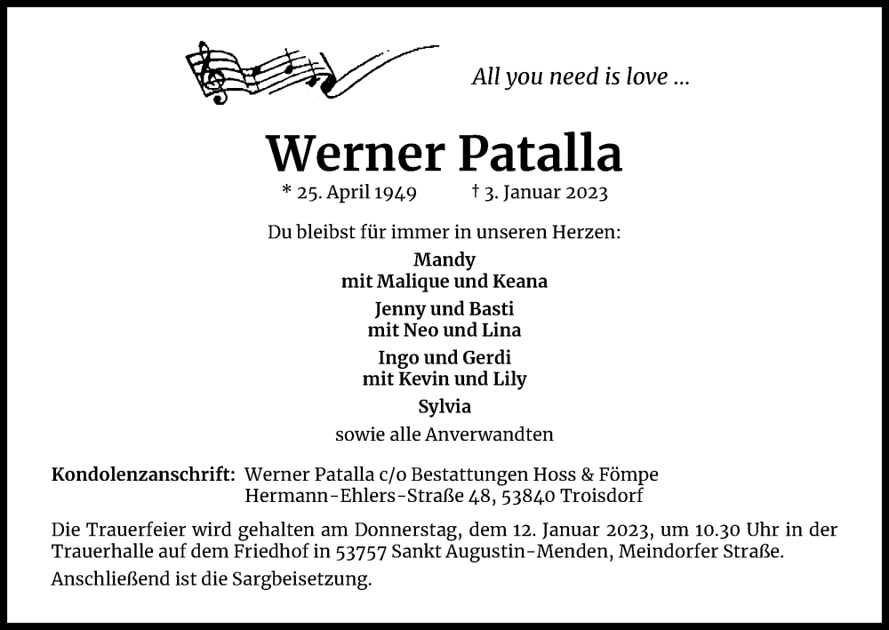  Traueranzeige für Werner Patalla vom 07.01.2023 aus Kölner Stadt-Anzeiger / Kölnische Rundschau / Express