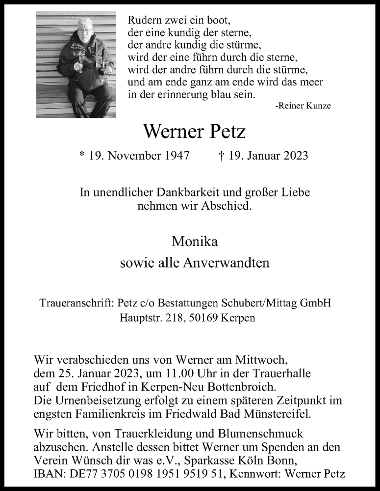  Traueranzeige für Werner Petz vom 21.01.2023 aus Kölner Stadt-Anzeiger / Kölnische Rundschau / Express