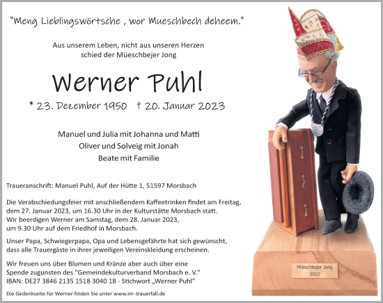 Anzeige von Werner Puhl von Kölner Stadt-Anzeiger / Kölnische Rundschau / Express
