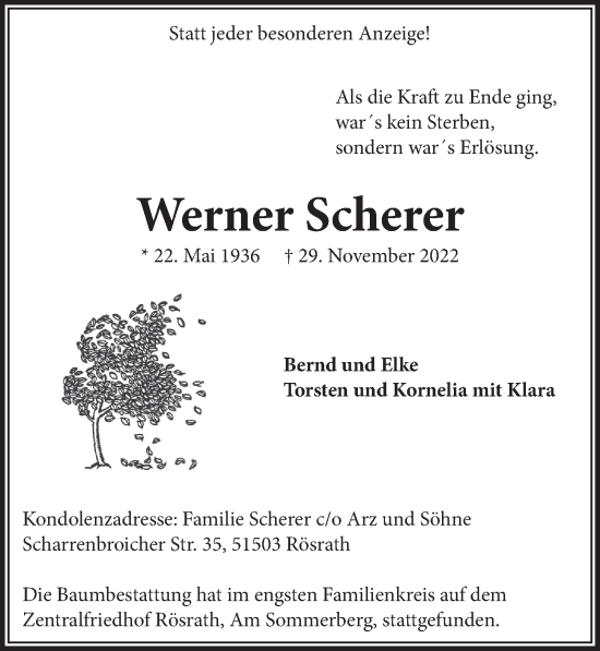 Anzeige von Werner Scherer von  Bergisches Handelsblatt 