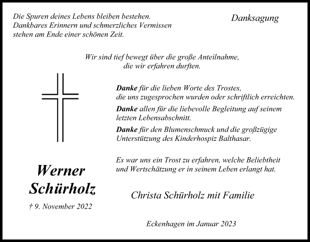  Traueranzeige für Werner Schürholz vom 18.01.2023 aus Kölner Stadt-Anzeiger / Kölnische Rundschau / Express