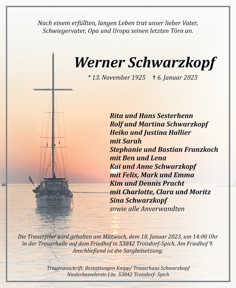  Traueranzeige für Werner Schwarzkopf vom 14.01.2023 aus Kölner Stadt-Anzeiger / Kölnische Rundschau / Express