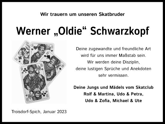 Anzeige von Werner Schwarzkopf von Kölner Stadt-Anzeiger / Kölnische Rundschau / Express