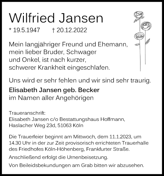 Anzeige von Wilfried Jansen von Kölner Stadt-Anzeiger / Kölnische Rundschau / Express