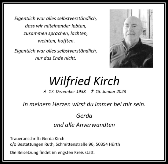 Anzeige von Wilfried Kirch von  Wochenende 