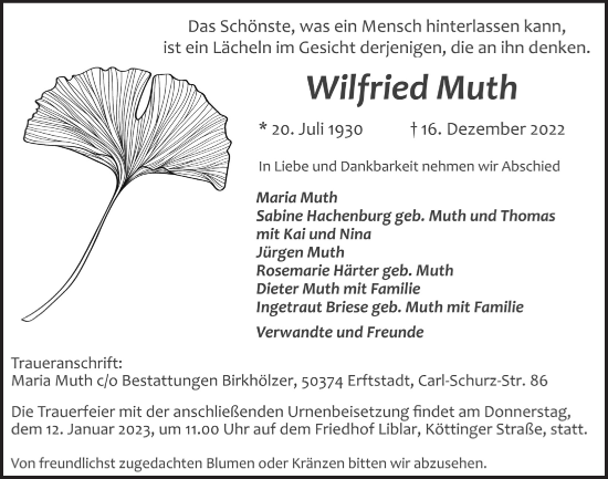 Anzeige von Wilfried Muth von  Werbepost 