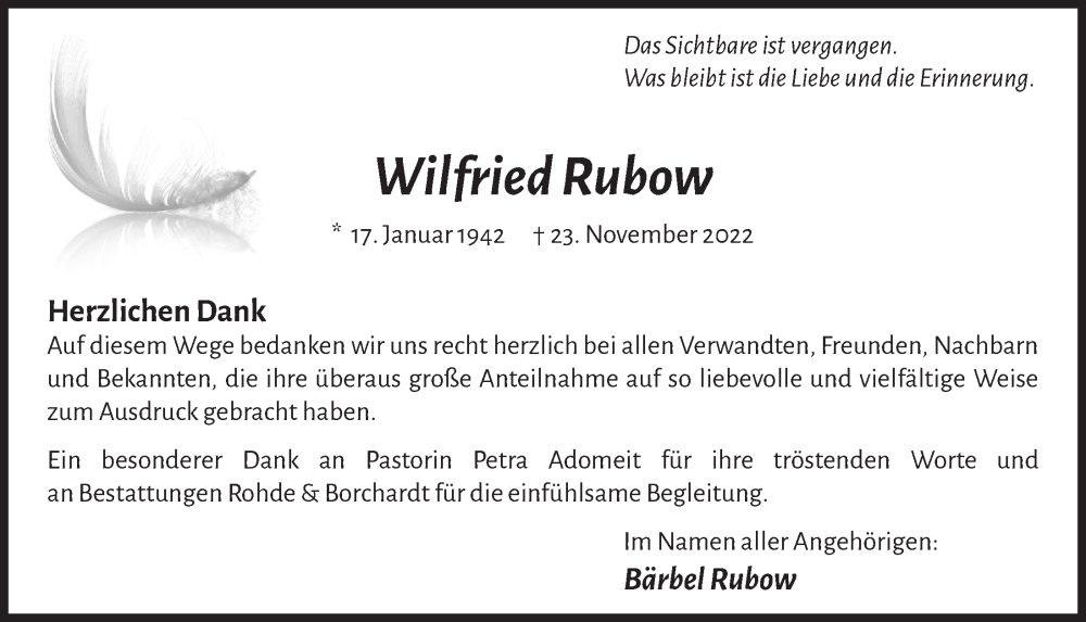  Traueranzeige für Wilfried Rubow vom 27.01.2023 aus  Werbepost 