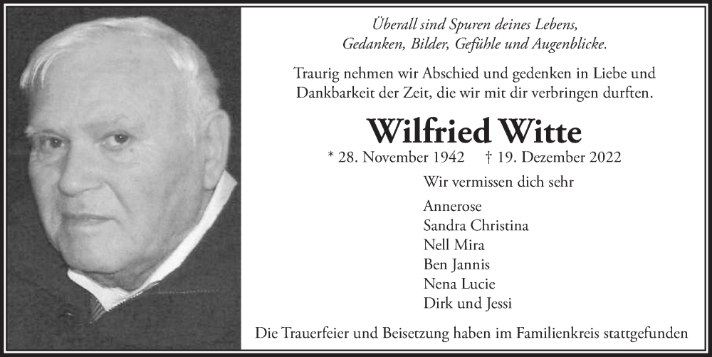  Traueranzeige für Wilfried Witte vom 06.01.2023 aus  Schaufenster/Blickpunkt 