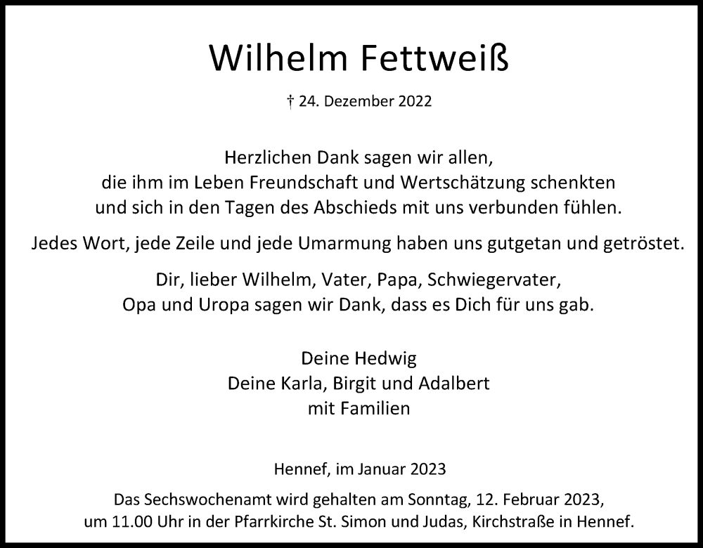  Traueranzeige für Wilhelm Fettweiß vom 28.01.2023 aus Kölner Stadt-Anzeiger / Kölnische Rundschau / Express