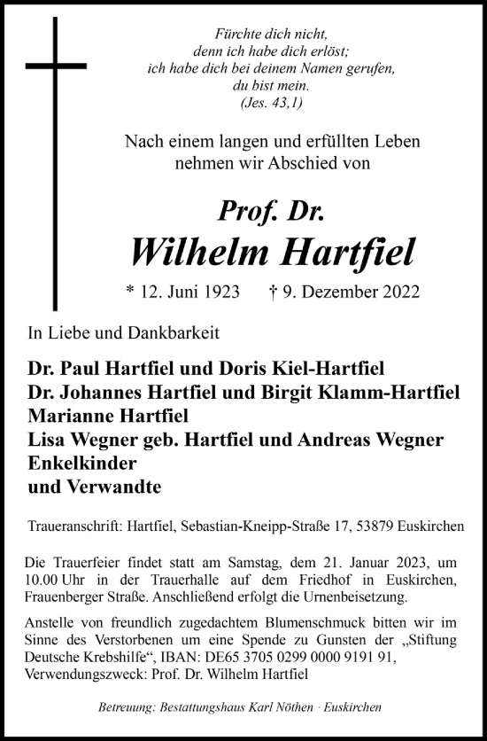 Anzeige von Wilhelm Hartfiel von  Blickpunkt Euskirchen 
