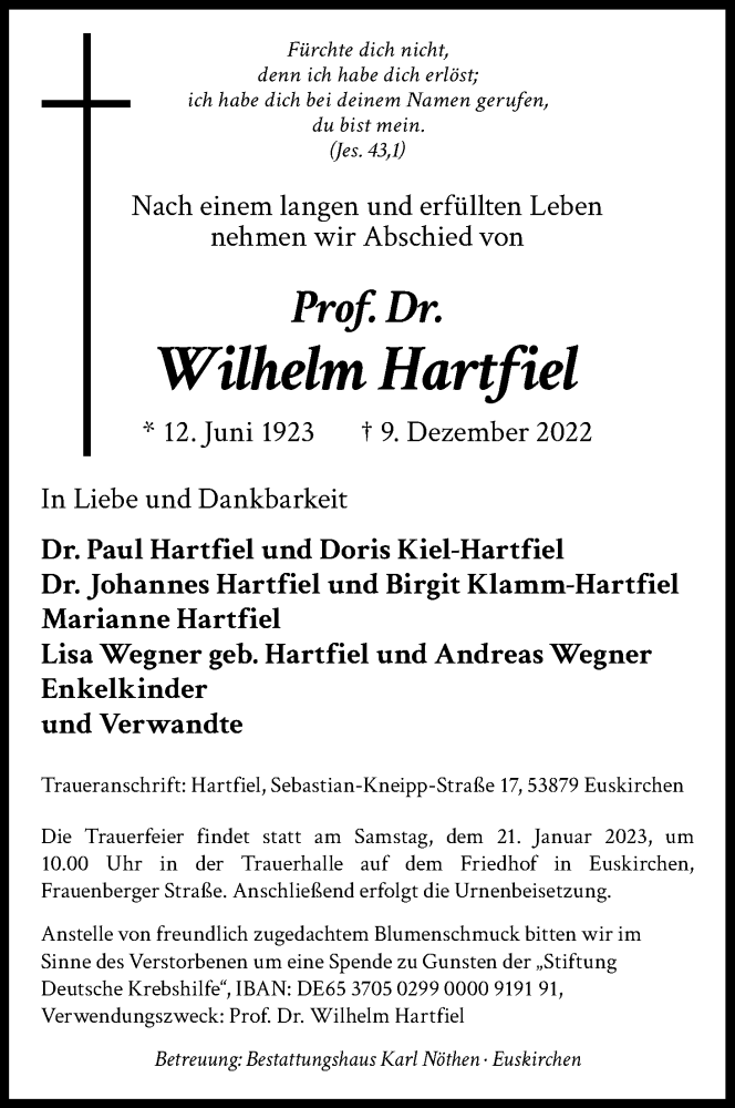  Traueranzeige für Wilhelm Hartfiel vom 14.01.2023 aus Kölner Stadt-Anzeiger / Kölnische Rundschau / Express