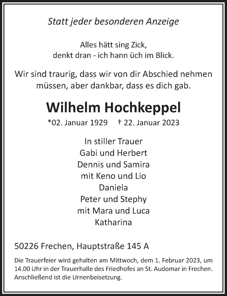  Traueranzeige für Wilhelm Hochkeppel vom 27.01.2023 aus  Wochenende 
