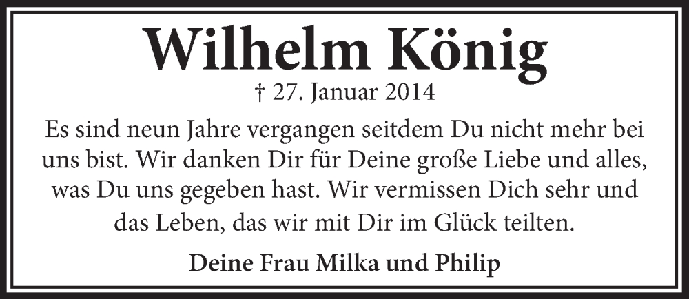  Traueranzeige für Wilhelm König vom 27.01.2023 aus  Bergisches Handelsblatt 