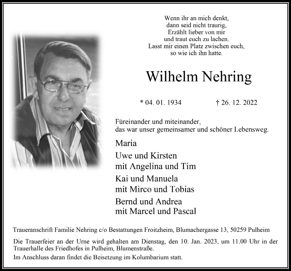  Traueranzeige für Wilhelm Nehring vom 06.01.2023 aus  Werbepost 
