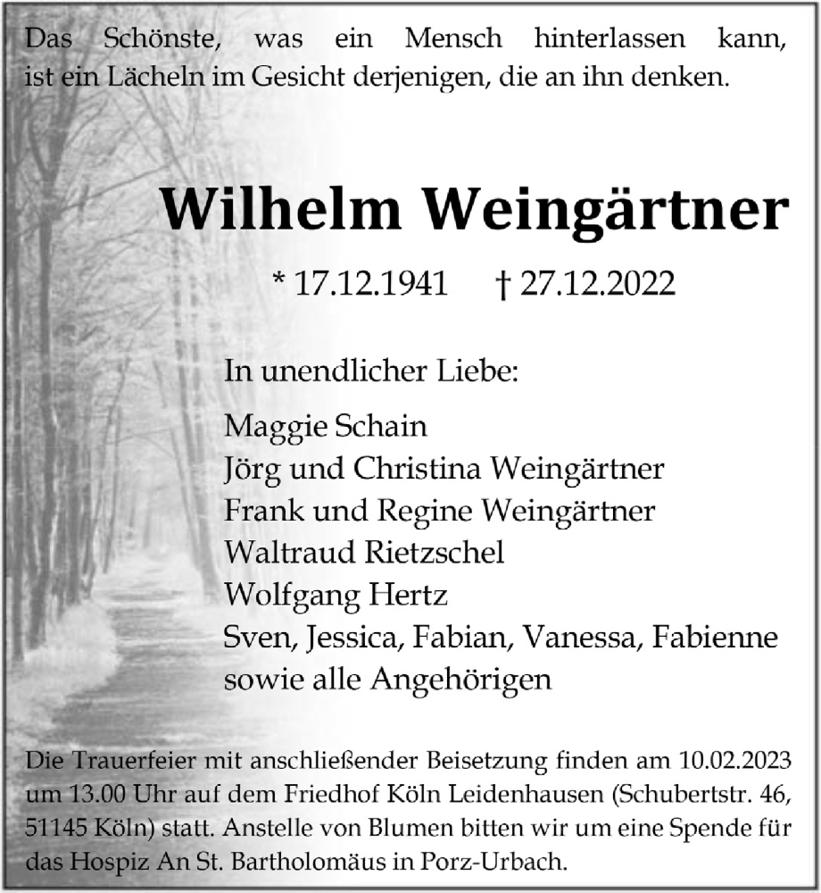  Traueranzeige für Wilhelm Weingärtner vom 27.01.2023 aus  EXPRESS - Die Woche 