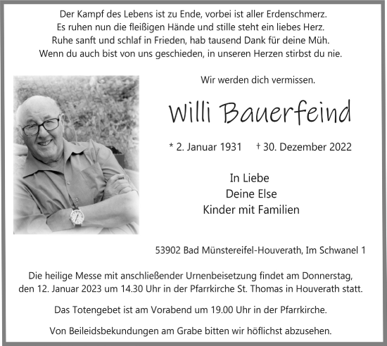 Anzeige von Willi Bauerfeind von  Blickpunkt Euskirchen 