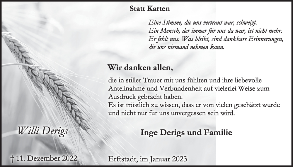  Traueranzeige für Willi Derigs vom 13.01.2023 aus  Werbepost 