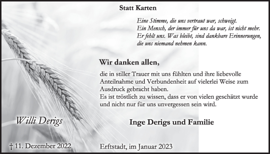 Anzeige von Willi Derigs von  Werbepost 